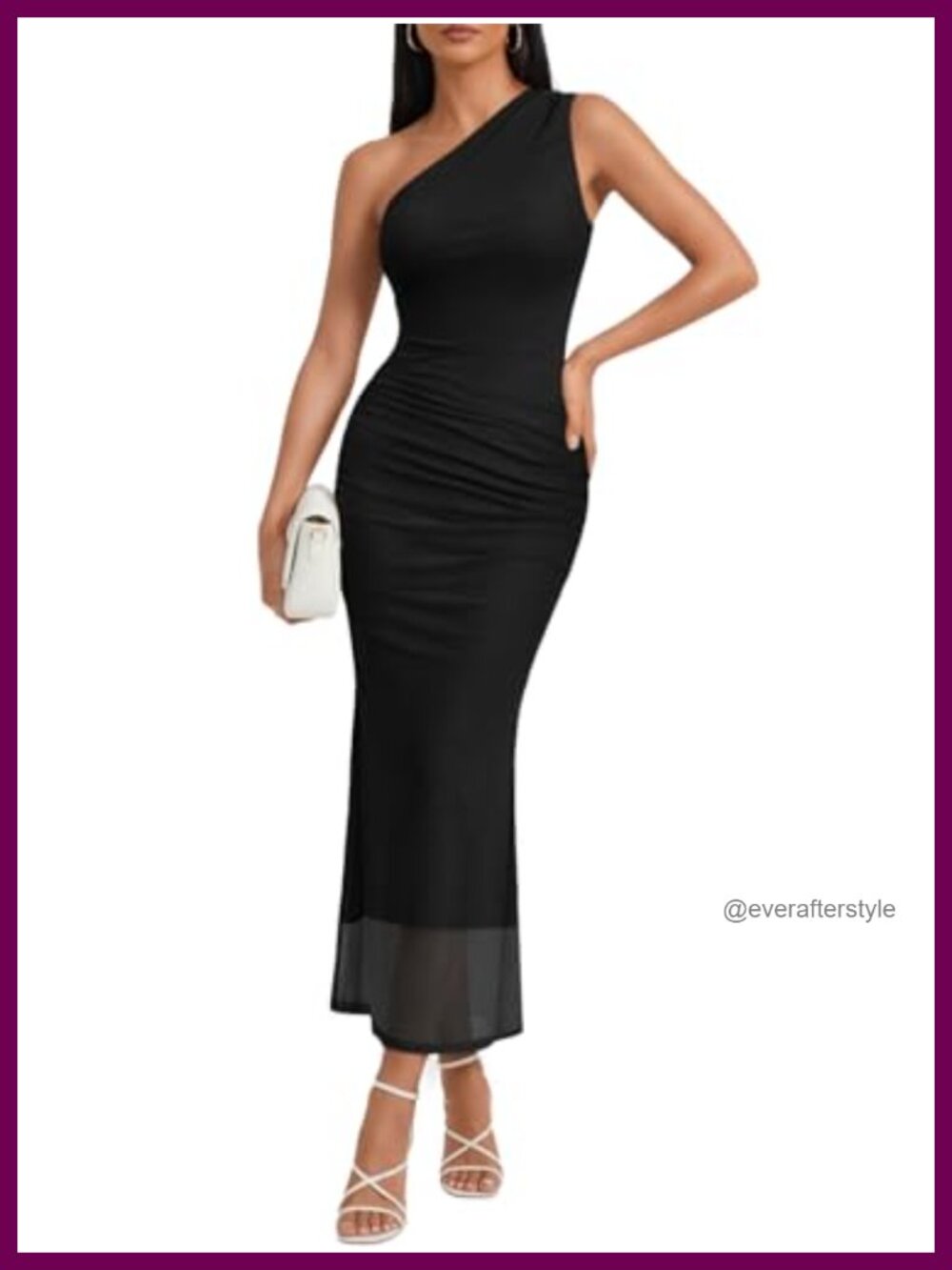 One Shoulder Bodycon Maxi Dress Mesh Ruched Side Slit Formal Cocktail